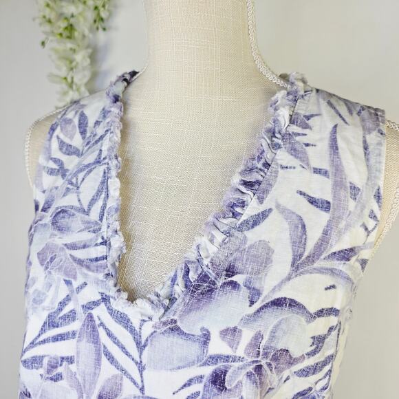 Tommy Bahama Two Palms Linen Dress Large Purple Floral V-Neck Ruffle Tropical - Picture 7 of 13